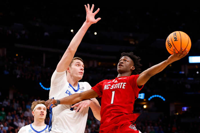 NC State G Jarkel Joiner going up for a layup against Creighton in the NCAA Tournament on March 17th, 2023, in Denver, Colorado. (Photo by Michael Ciaglo of USA Today Sports)